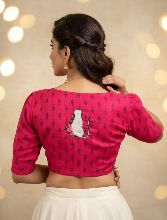 Cat & Fish Story Embroidered Blouse - Red
