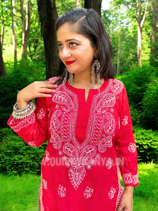 Gulaab Chikankari Cotton Kurta - Red