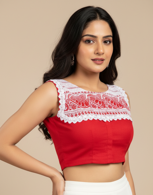 Happy Japi Assam Gamchha Sleeveless Cotton Blouse - Red