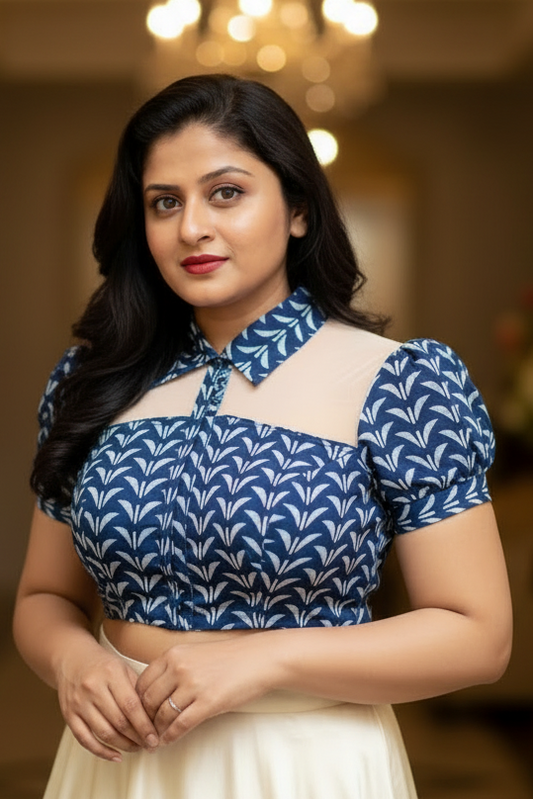 Isabella Dabu Print Cotton Blouse- Blue
