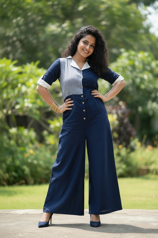 Kimaya Easy Peezy Gamchha Cotton Jumpsuit - Navy Blue