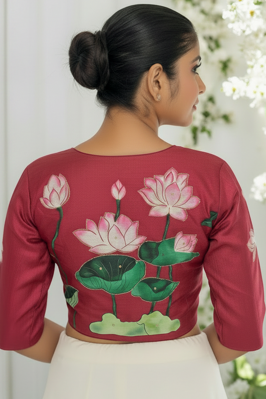 Neerja Pichwai Lotus Art Silk Blouse- Maroon