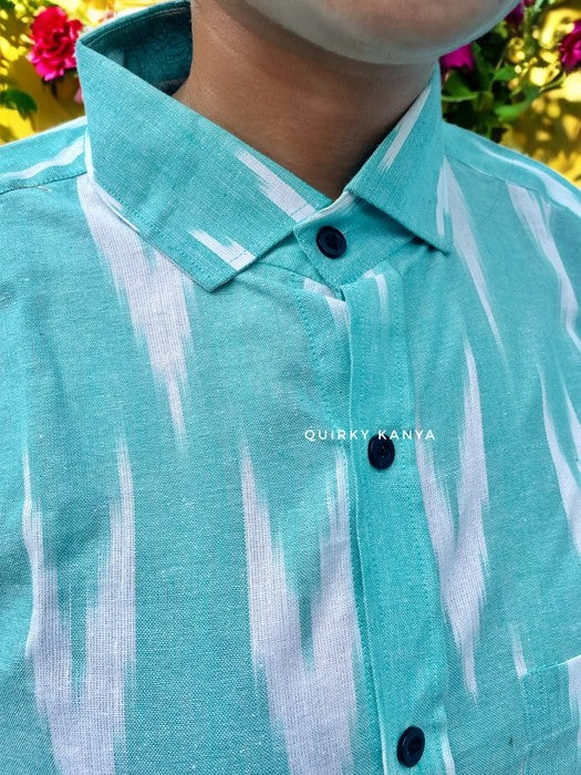 Odishi Ikkat Print Cotton Shirt- Aqua