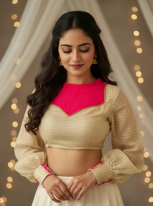 Pink Patakha Full Sleeves Cotton Kota Blouse - Beige