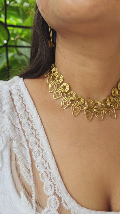 Rangabati Brass Choker Necklace Jewelry Set - Red