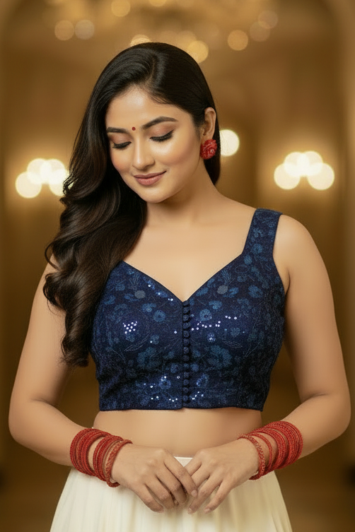 Rangilee Chikankari Sleeveless Blouse - Navy Blue