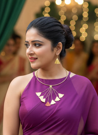 Dancing Lilies Brass Hasli Necklace Jewelry Set (Necklace + Earrings)