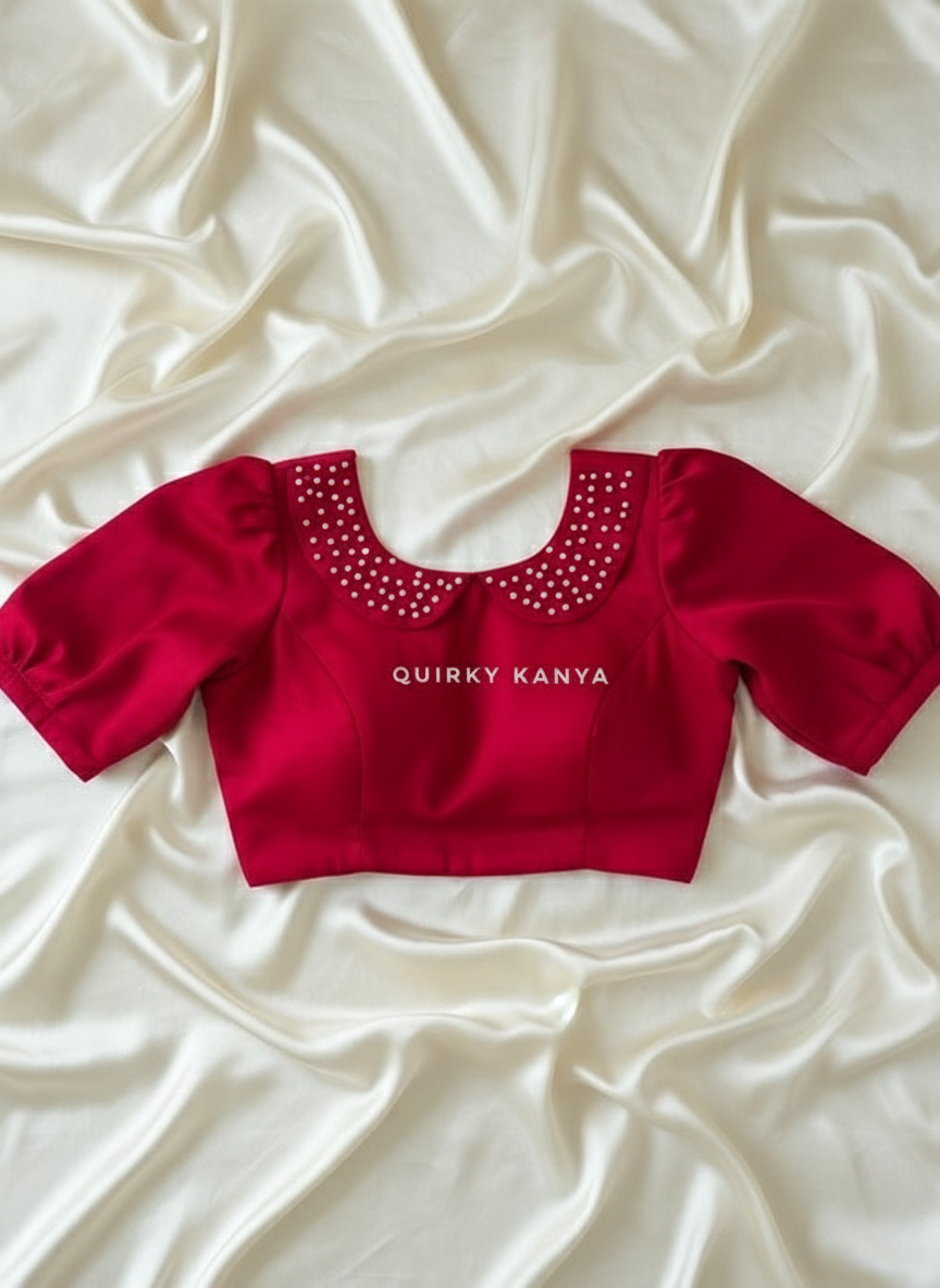 Roselle Crepe Pearl Collar Blouse - Dark Red