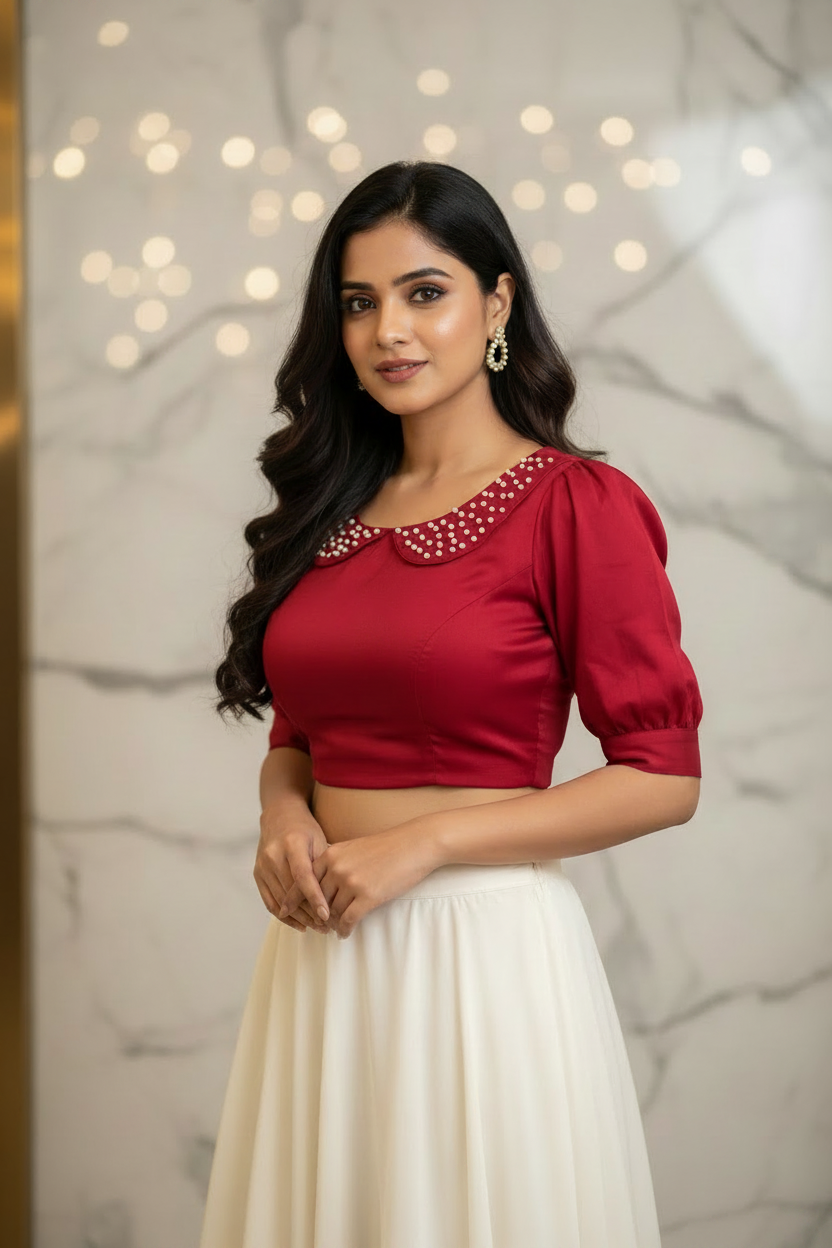Roselle Crepe Pearl Collar Blouse - Dark Red