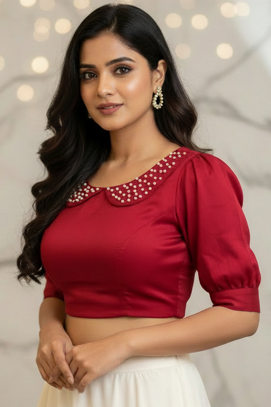Roselle Crepe Pearl Collar Blouse - Dark Red