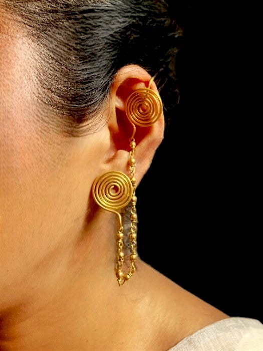 Round Spiral Chained Brass Earcuff Earrings