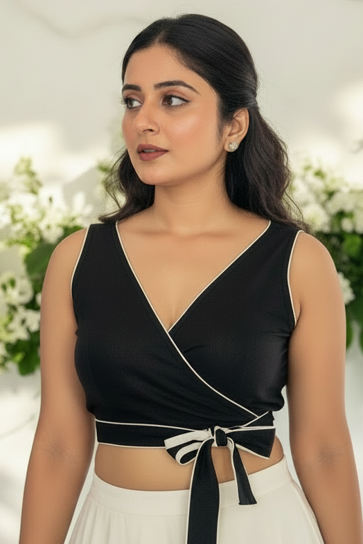 Serena Wrap Style Cotton Blouse - Black