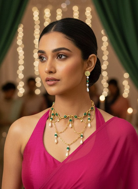 Queen Charlotte Crystal and Brass Choker Necklace Set ( Necklace + Earrings)- Green