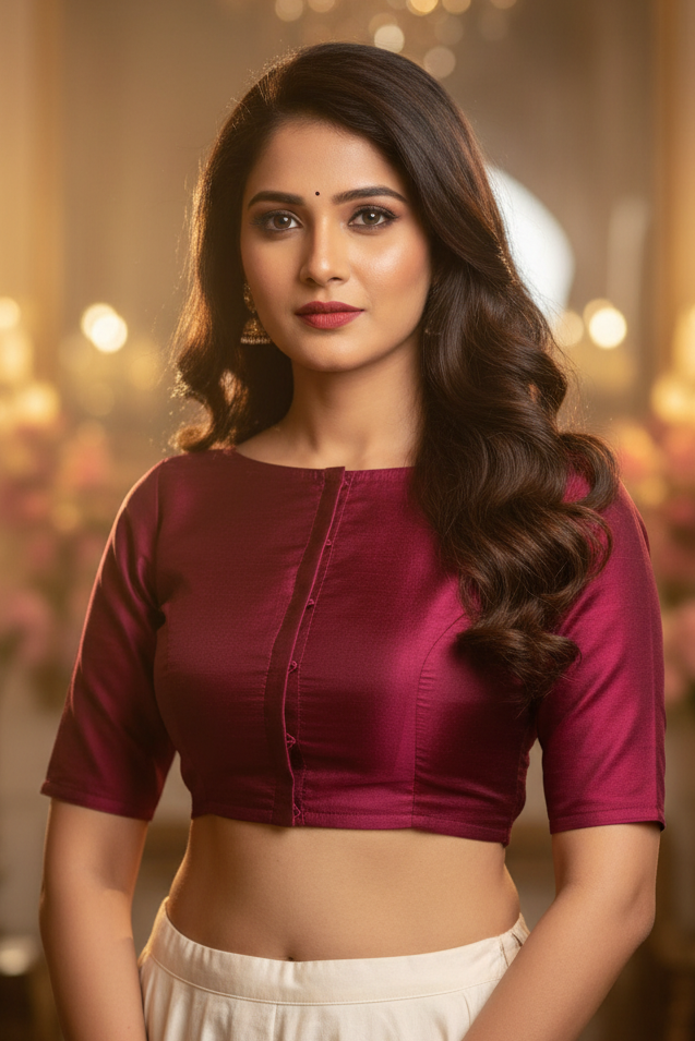 Viva Magenta Glass Sleeves Cotton Silk Blouse - Magenta