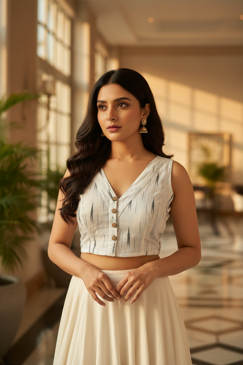 WonderNaari Sleeveless Ikkat Print Cotton Blouse- White